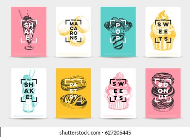 Vector hand drawn set of trendy sweets Illustrations. Sketch vintage style. Design template. Retro background. Donuts, Eclairs, macarons and milkshakes.