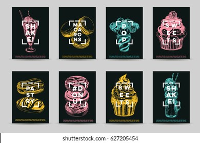 Vector hand drawn set of trendy sweets Illustrations. Sketch vintage style. Design template. Retro background. Donuts, Eclairs, macarons and milkshakes. Chalkboard