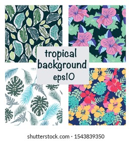 Vector hand drawn set of tropical background, exotic leaves and hibiscus flowers.  Seamless pattern Fashion design for textile, wallpaper, fabric. 