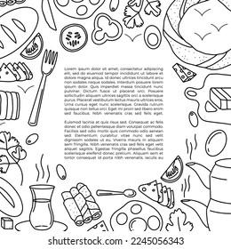 Vector hand drawn set of Turkish traditional breakfast meals. Eggs, vegetables, cheese, bread, tea, simit.