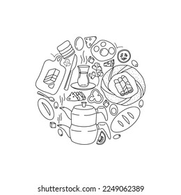 Vector hand drawn set of Turkish traditional breakfast meals. Eggs, vegetables, cheese, bread, tea, simit.
