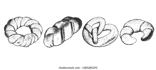 Vector hand drawn set of twisted bakery. Pretzel, croissant, bagel, braid bread. Isolated on white background.