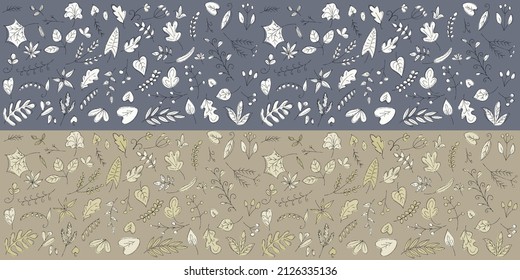 Vector hand drawn set of two floral backgrounds, cold gray and warm beige colors, with botanical pattern elements for your design in vintage, modern or any other style. Wild herbs, leaves and branches