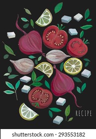 Vector hand drawn set with vegetable salad recipe on black background