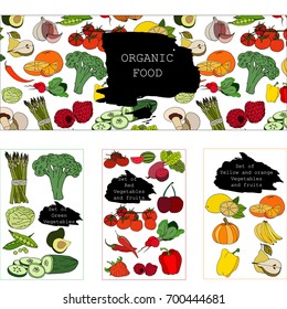 Vector hand drawn set of vegetables and fruits. Healthy food. Ingredients for cooking. Menu and posters design