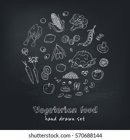 Vector hand drawn set of Vegetarian food. Vegetables, fruits. Vintage illustration for design menus, recipes and packages product.