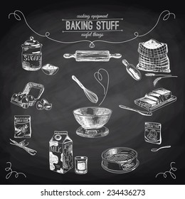 Vector hand drawn set. Vintage Illustration with milk, sugar, flour, vanilla, eggs, mixer, baking powder, rolling, whisk, spoon vanilla bean, butter and kitchen dish. Chalkboard.