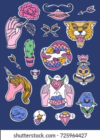 Vector hand drawn set of vintage style pins or patches