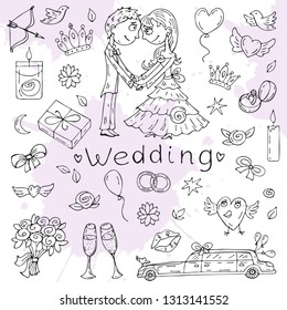 Vector hand drawn set of Wedding cartoon doodle objects, symbols and items. Transparent background. Black outline.