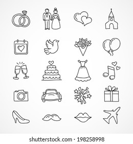 Vector hand drawn set of wedding icons, bride, groom, couple, love, marriage 