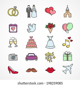 Vector Hand Drawn Set Of Wedding Icons, Bride, Groom, Couple, Love, Marriage