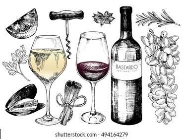 Vector hand drawn set of wine and appetizers. Grape, bottle, wineglass, rosemary, corkscrew, lime, mussel, parsley, cinnamon, anise For restaurant menu invitation greeting holiday store design