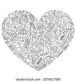 Vector hand drawn set of Winter Sports cartoon doodle objects, symbols and items. Round frame composition