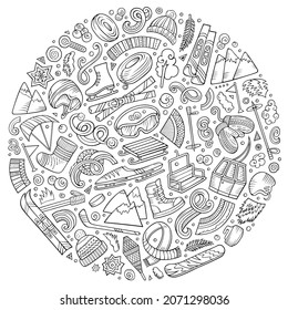 Vector hand drawn set of Winter Sports cartoon doodle objects, symbols and items. Round composition