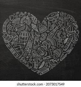 Vector hand drawn set of Winter Sports cartoon doodle objects, symbols and items. Round frame chalkboard composition