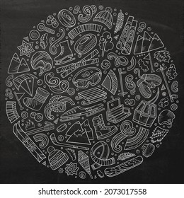 Vector hand drawn set of Winter Sports cartoon doodle objects, symbols and items. Round chalkboard composition