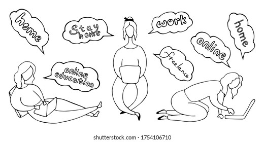 Vector hand drawn set of women with laptops in doodle style. Online education, work at home office. People on freelance. Clouds with phrases.