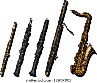 Vector hand drawn set of woodwind musical instruments.  Flute,  oboe, clarinet, bassoon and saxophone.