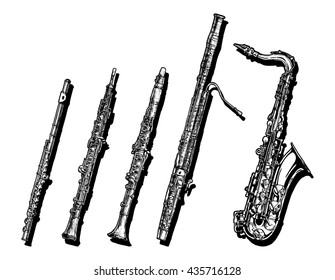 Vector hand drawn set of woodwind musical instruments.  Flute,  oboe, clarinet, bassoon and saxophone.