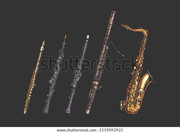 Vector hand drawn set of\
woodwind musical instruments.  Flute,  oboe, clarinet, bassoon and\
saxophone.