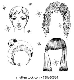 Vector hand drawn set of young girl, wigs and knitting hat for clip art. Fashion illustration for print, card and other trendy design. Ink drawn sketch.