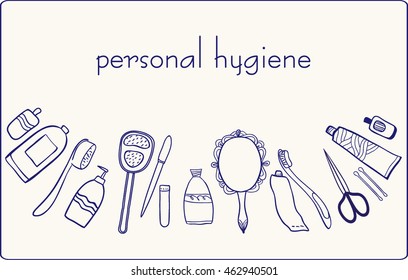 Vector hand drawn set.Cartoon personal hygiene icons. Template for design.