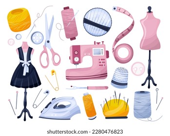 Vector hand drawn sewing collection. Sewing tools - sewing machine, needles, mannequin, thread, iron. Vector illustration isolated on white background. Sewing equipment and accessories. 