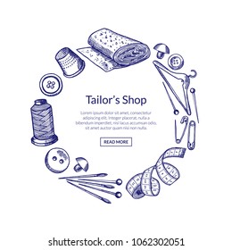 Vector hand drawn sewing elements in circle form with place for text in center round illustration