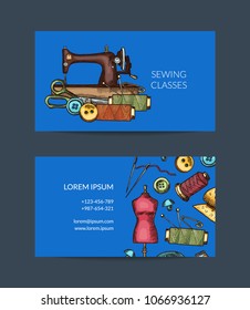 Vector hand drawn sewing elements business card template for atelier or sewing classes illustration