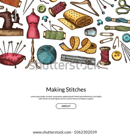 Vector hand drawn sewing elements background illustration with place for text