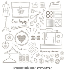 Vector hand drawn sewing icon outline set. Collection of detailed sewing tools in a hand drawn style. Isolated on white.