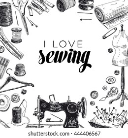 Vector hand drawn sewing Illustration. Vintage style. Retro sketch background. 