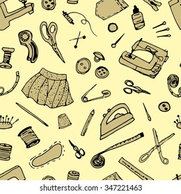 Vector hand drawn sewing pattern. Sewing accessories and equipment. 