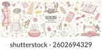 Vector hand drawn sewing retro set. Collection of highly detailed hand drawn sewing tools isolated on background