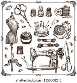 Vector hand drawn sewing retro set . Collection of highly detailed hand drawn sewing tools.