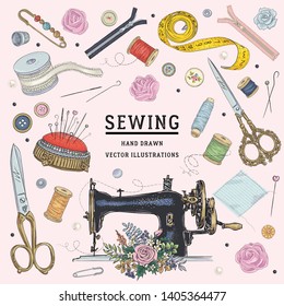 Vector hand drawn sewing retro set. Collection of highly detailed hand drawn sewing tools