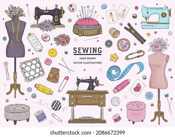 Vector hand drawn sewing retro set. Collection of highly detailed hand drawn sewing tools isolated on background