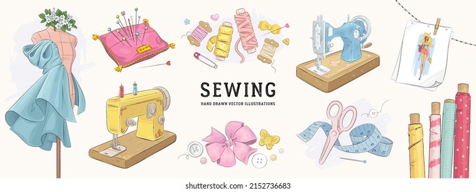 Vector hand drawn sewing retro set. Collection of highly detailed hand drawn sewing tools isolated on background