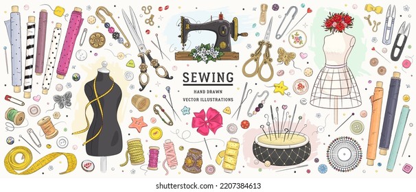 Vector hand drawn sewing retro set. Collection of highly detailed hand drawn sewing tools isolated on background