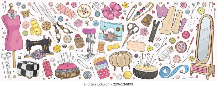 Vector hand drawn sewing retro set. Collection of highly detailed hand drawn mannequin and sewing tools isolated on background