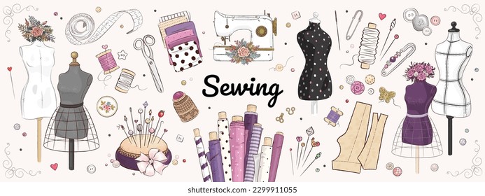 Vector hand drawn sewing retro set. Collection of highly detailed hand drawn mannequins and sewing tools isolated on background