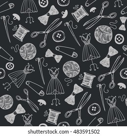 Vector hand drawn sewing seamless background, doodle handmade, hobby wallpaper, wrapping paper. Black and white