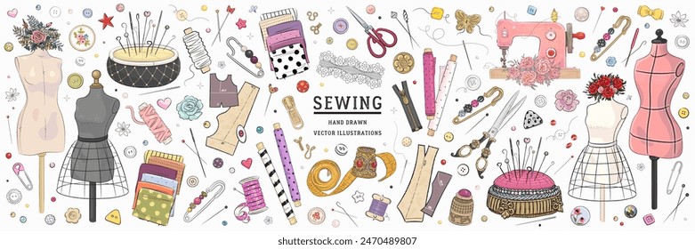 Vector hand drawn sewing, tailoring, dressmaking retro clip art set. Collection of highly detailed hand drawn atelier tools and equipment isolated on white background