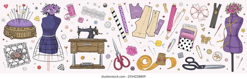 Vector hand drawn sewing, tailoring, dressmaking retro clip art set. Collection of highly detailed hand drawn atelier tools and equipment isolated on white background