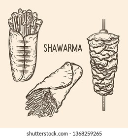 Vector hand drawn of shawarma set in the engraving style.