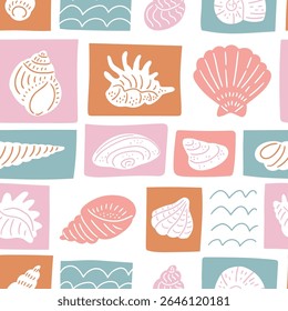 Image vectorielle motif harmonieux de coquille dessinée à la main. Plage d'été motif imprimé à répétition pour tissu ou fond d'écran.