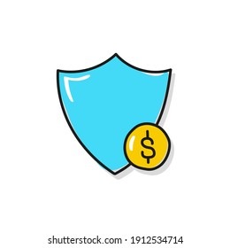 Vector hand drawn shield and gold coin icon. Money protection concept. 