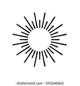 Vector hand drawn shine sign, rays, retro style, black paint brush strokes isolated on white background, circle.
