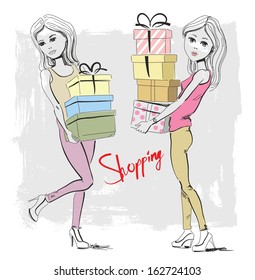 vector hand drawn shopping girl