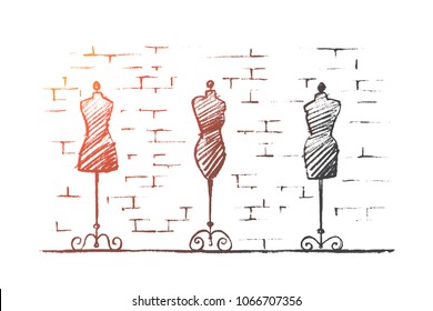 Vector hand drawn Shopping time concept sketch. Female body vintage mannequins in fashion store.